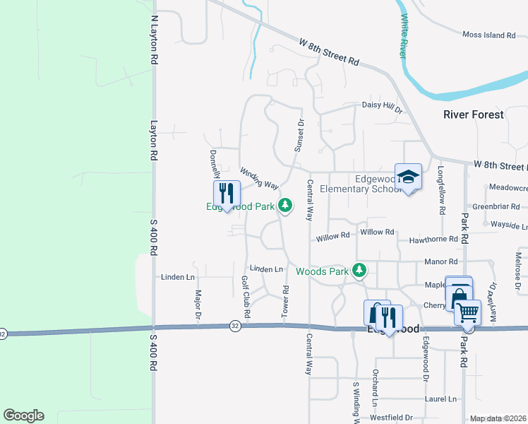 map of restaurants, bars, coffee shops, grocery stores, and more near 609 Winding Way in Anderson
