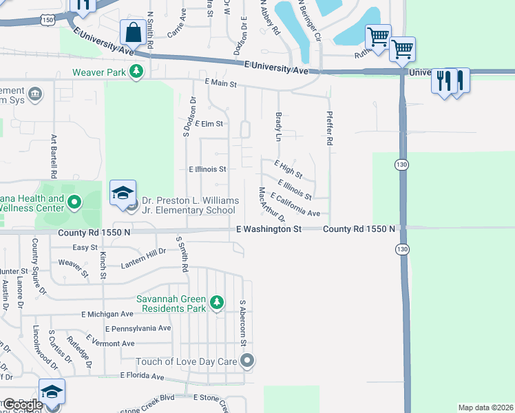 map of restaurants, bars, coffee shops, grocery stores, and more near 703 Macarthur Drive in Urbana