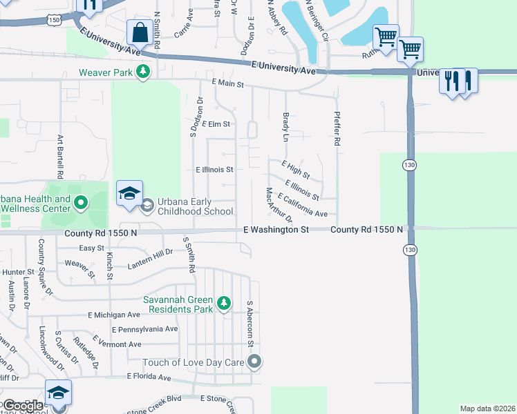 map of restaurants, bars, coffee shops, grocery stores, and more near 703 Macarthur Drive in Urbana