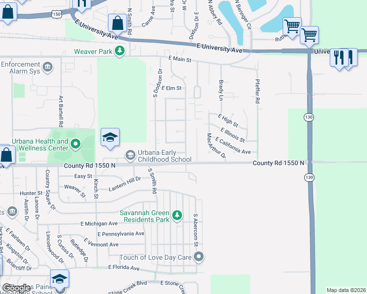 map of restaurants, bars, coffee shops, grocery stores, and more near 2417 East Oregon Street in Urbana