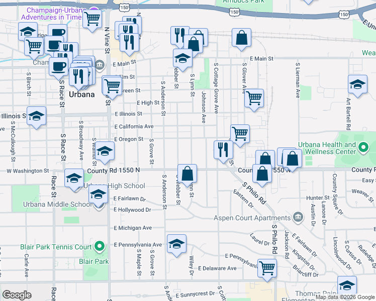map of restaurants, bars, coffee shops, grocery stores, and more near 709 South Lynn Street in Urbana