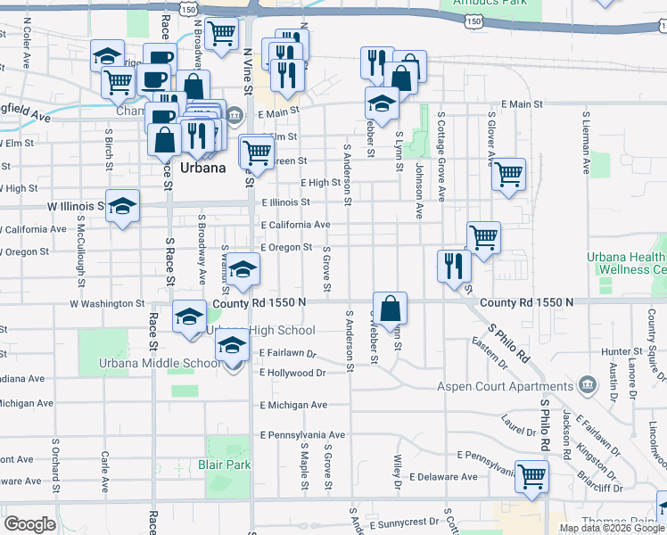 map of restaurants, bars, coffee shops, grocery stores, and more near 709 South Grove Street in Urbana