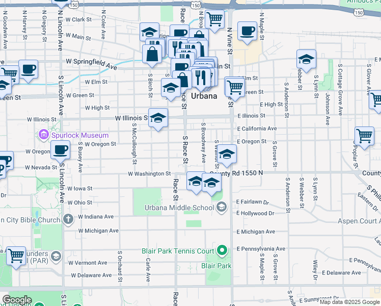 map of restaurants, bars, coffee shops, grocery stores, and more near 707 South Race Street in Urbana