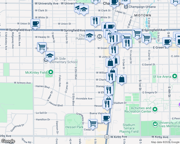 map of restaurants, bars, coffee shops, grocery stores, and more near 310 1/2 West William Street in Champaign
