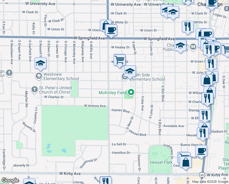 map of restaurants, bars, coffee shops, grocery stores, and more near 811 West William Street in Champaign
