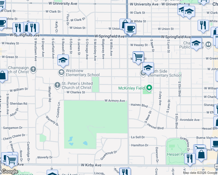 map of restaurants, bars, coffee shops, grocery stores, and more near 923 West William Street in Champaign