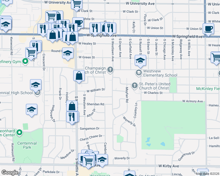 map of restaurants, bars, coffee shops, grocery stores, and more near 810 South Fair Street in Champaign