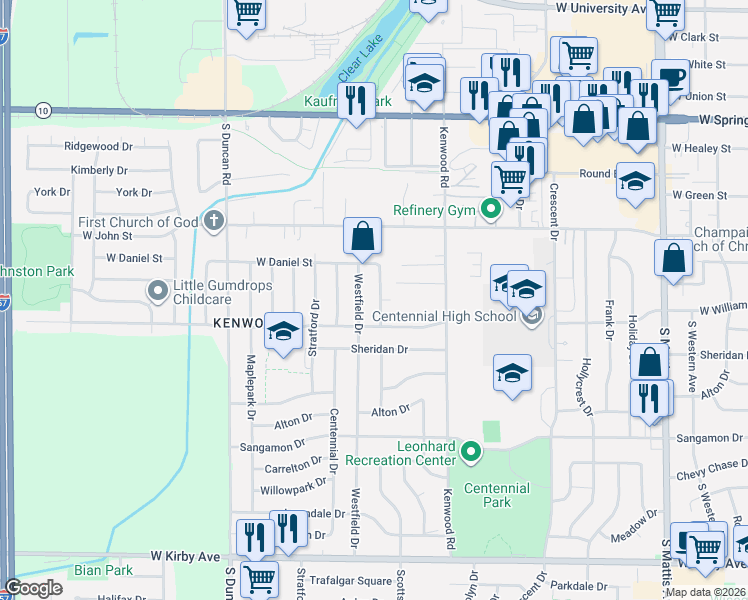 map of restaurants, bars, coffee shops, grocery stores, and more near 814 Scottsdale Drive in Champaign