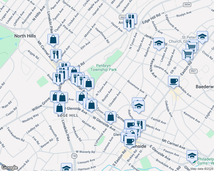 map of restaurants, bars, coffee shops, grocery stores, and more near 161 North Tyson Avenue in Glenside