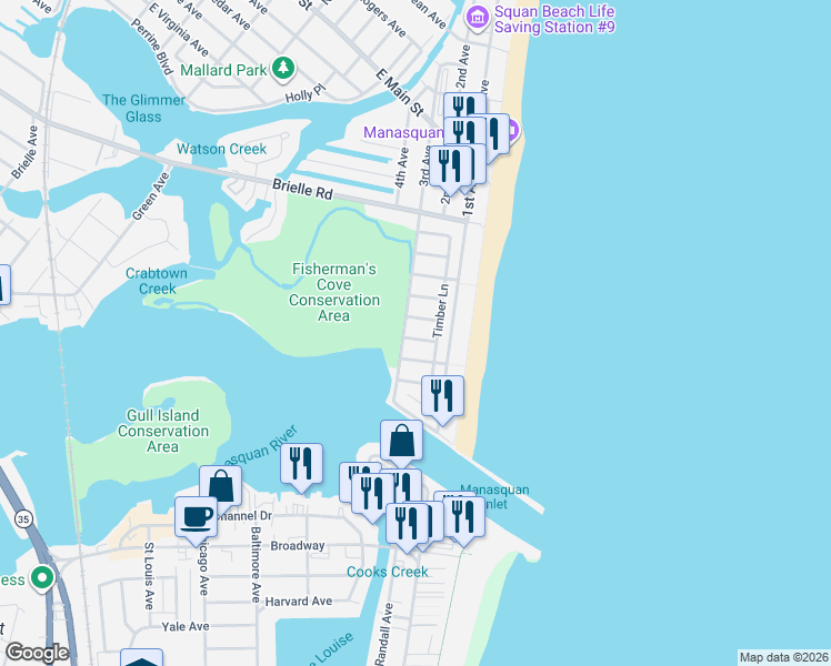 map of restaurants, bars, coffee shops, grocery stores, and more near 573 Trout Avenue in Manasquan