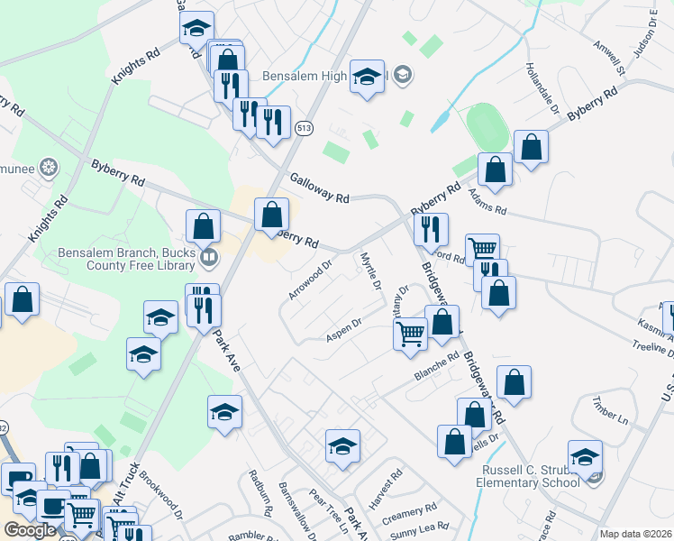 map of restaurants, bars, coffee shops, grocery stores, and more near 1903 Juniper Lane in Bensalem