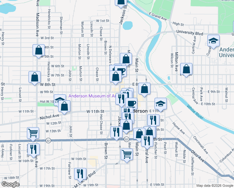 map of restaurants, bars, coffee shops, grocery stores, and more near 915 Jackson Street in Anderson