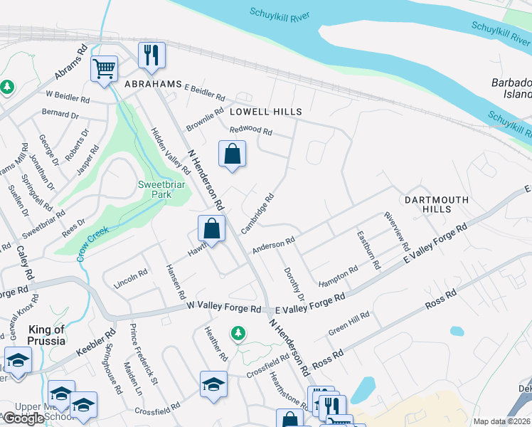 map of restaurants, bars, coffee shops, grocery stores, and more near 133 Cambridge Road in King of Prussia