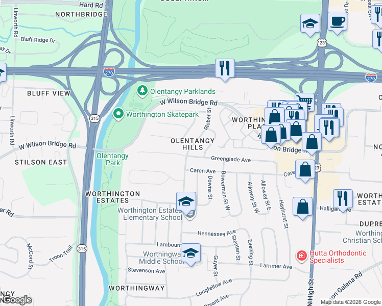 map of restaurants, bars, coffee shops, grocery stores, and more near 410 Greenglade Avenue in Worthington