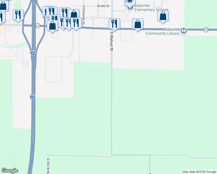 map of restaurants, bars, coffee shops, grocery stores, and more near 9625 South 900 West Road in Daleville