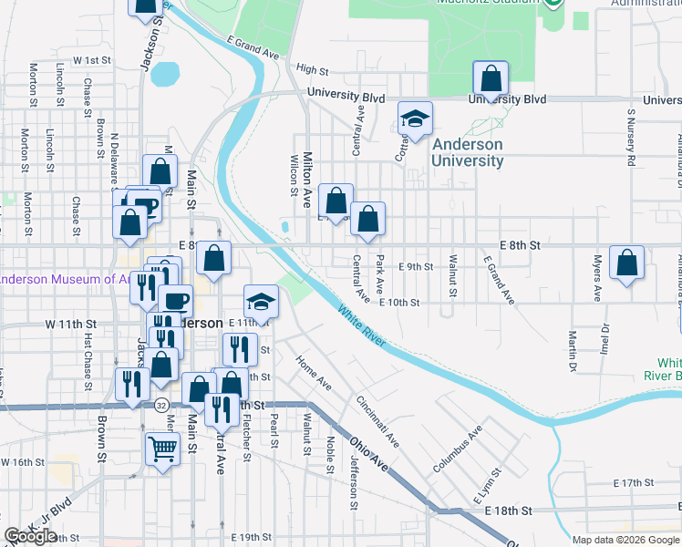 map of restaurants, bars, coffee shops, grocery stores, and more near 615 East 9th Street in Anderson