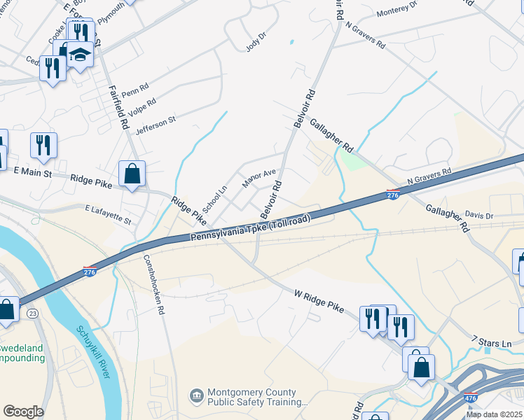 map of restaurants, bars, coffee shops, grocery stores, and more near 1124 Belvoir Road in Plymouth Meeting