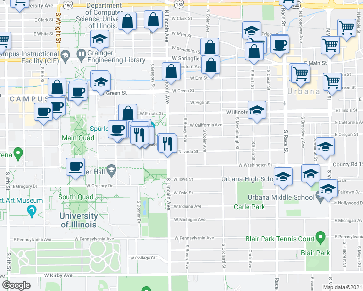 map of restaurants, bars, coffee shops, grocery stores, and more near 701 South Busey Avenue in Urbana