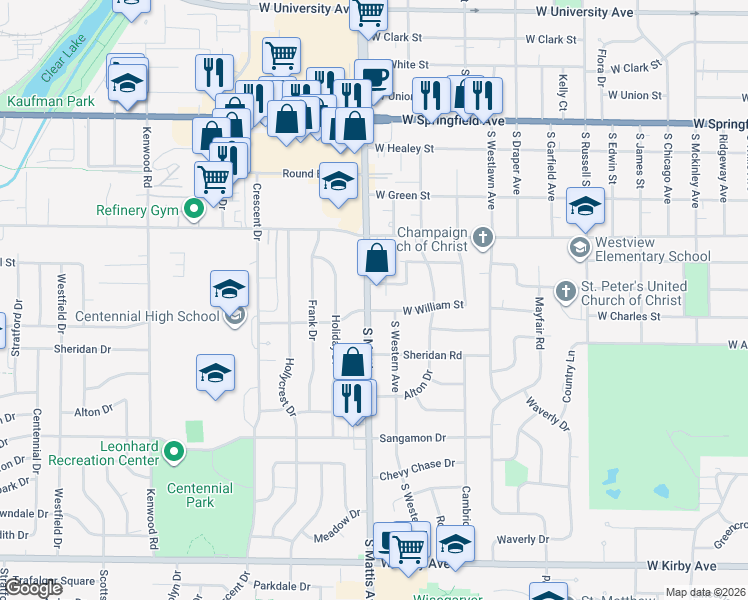 map of restaurants, bars, coffee shops, grocery stores, and more near 910 South Mattis Avenue in Champaign