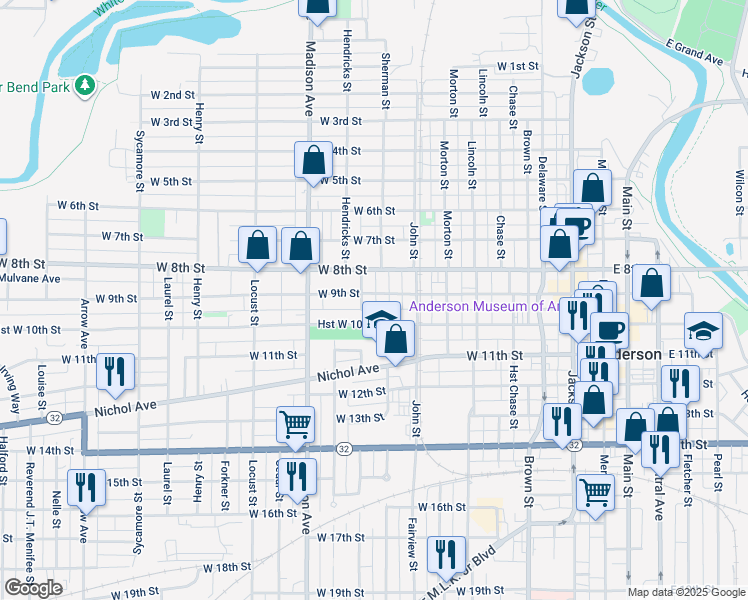 map of restaurants, bars, coffee shops, grocery stores, and more near 819 West 9th Street in Anderson