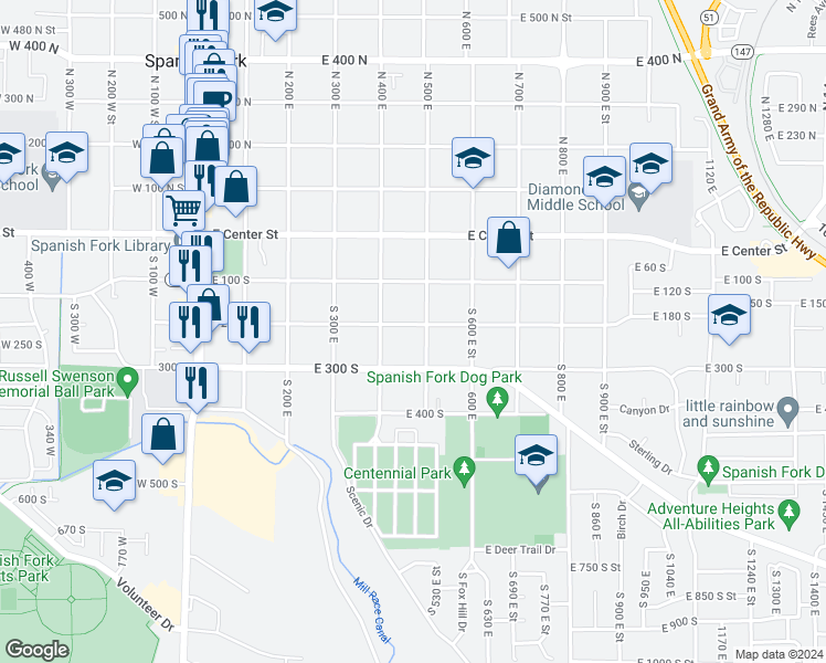 map of restaurants, bars, coffee shops, grocery stores, and more near 476 East 200 South in Spanish Fork
