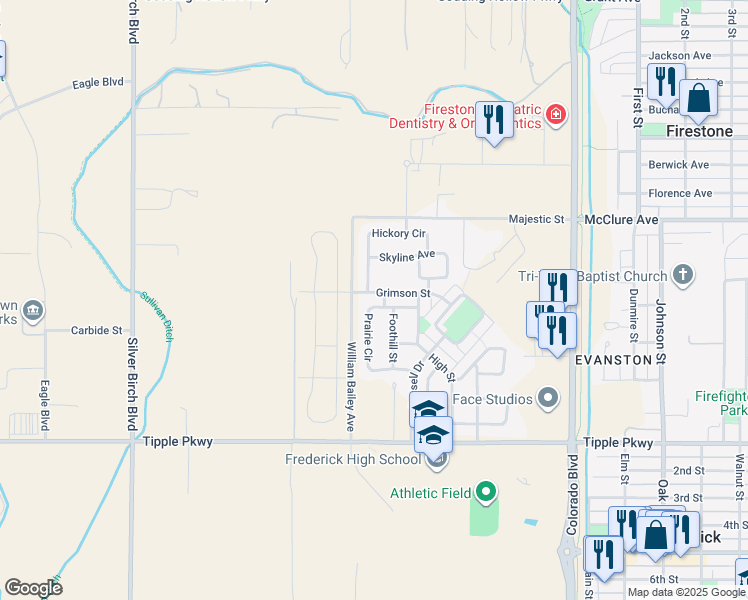 map of restaurants, bars, coffee shops, grocery stores, and more near 5725 Prairie Circle in Longmont