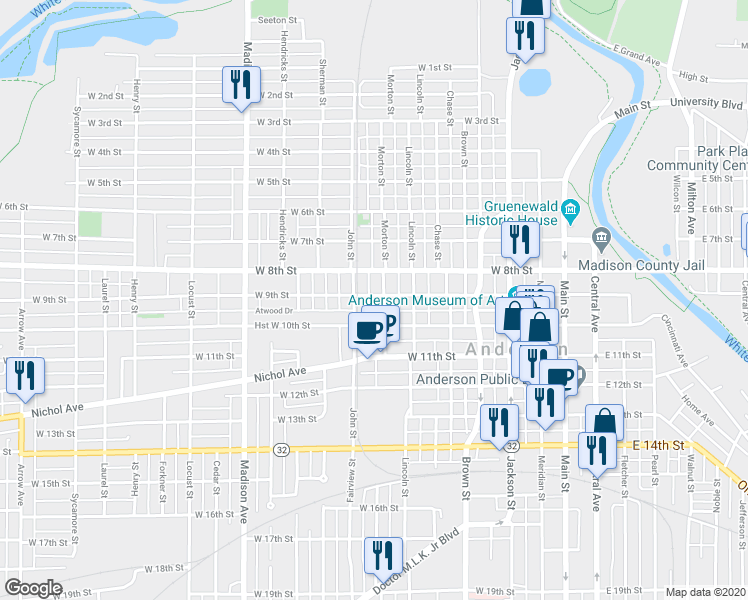 map of restaurants, bars, coffee shops, grocery stores, and more near 511 West 9th Street in Anderson