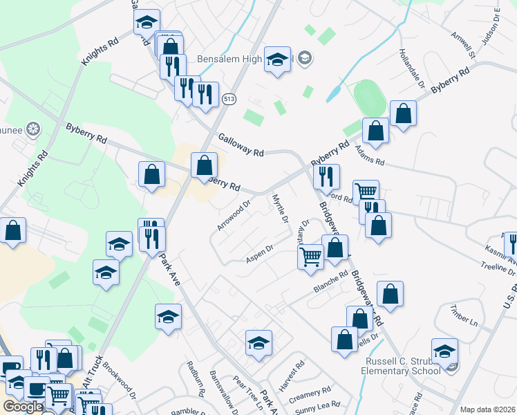 map of restaurants, bars, coffee shops, grocery stores, and more near 1903 Juniper Lane in Bensalem