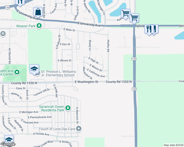 map of restaurants, bars, coffee shops, grocery stores, and more near 2701 East California Avenue in Urbana