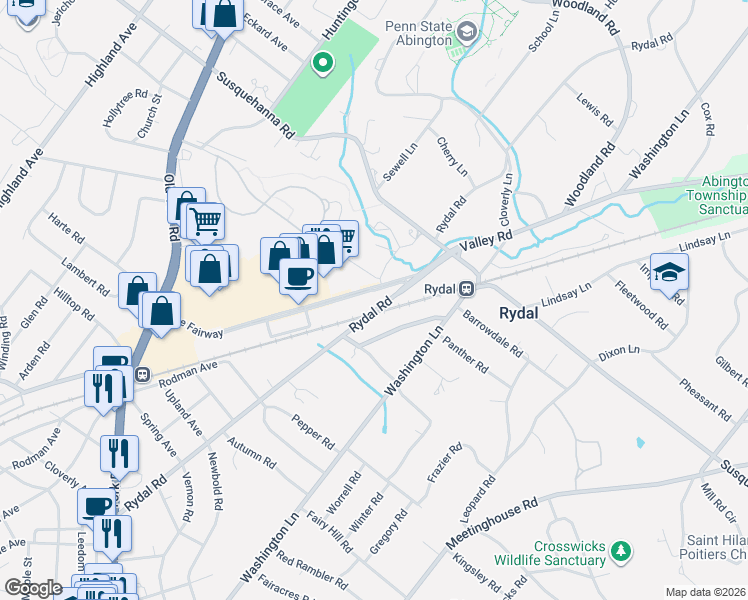 map of restaurants, bars, coffee shops, grocery stores, and more near 1060 Rydal Road in Rydal