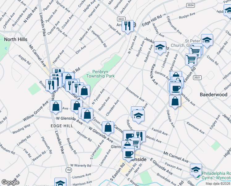 map of restaurants, bars, coffee shops, grocery stores, and more near 209 Roslyn Avenue in Glenside