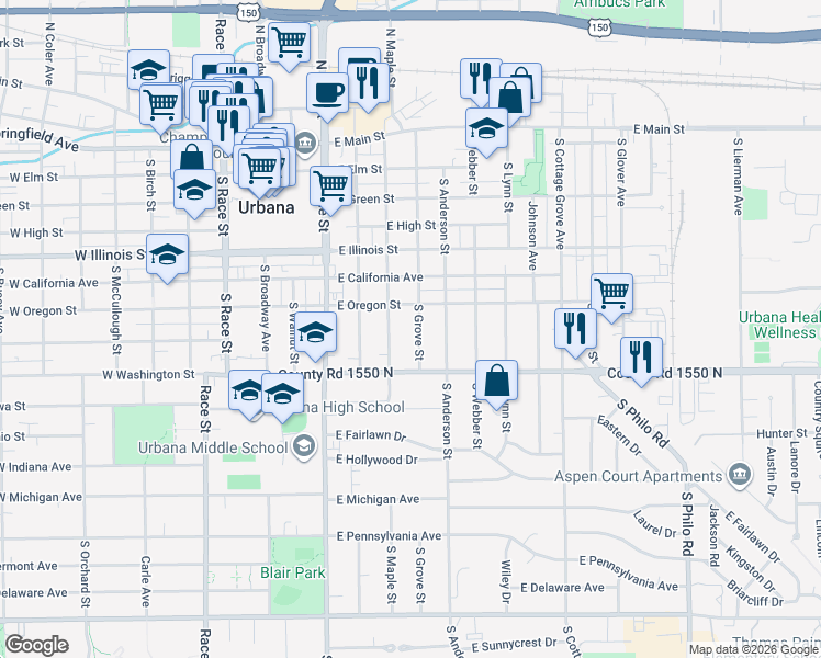 map of restaurants, bars, coffee shops, grocery stores, and more near 709 South Grove Street in Urbana