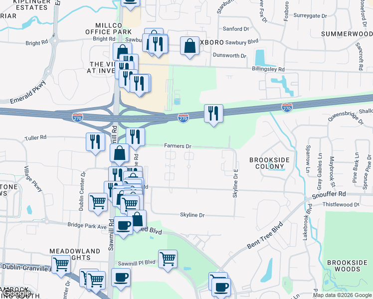 map of restaurants, bars, coffee shops, grocery stores, and more near 7417 Chaparral Road in Columbus