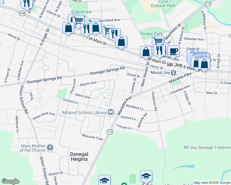 map of restaurants, bars, coffee shops, grocery stores, and more near 8 Harvestview South in Mount Joy