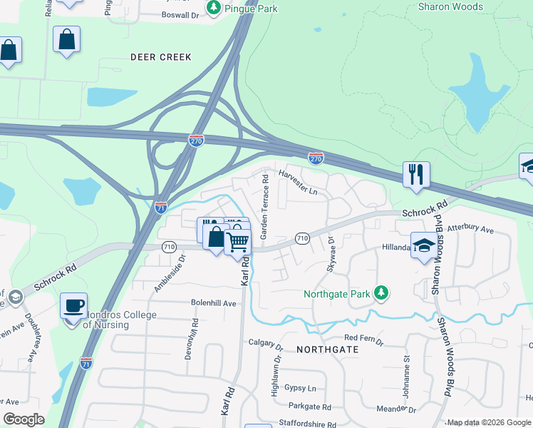 map of restaurants, bars, coffee shops, grocery stores, and more near 6828 Garden Terrace Road in Columbus