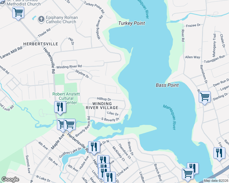 map of restaurants, bars, coffee shops, grocery stores, and more near 140 Skyline Drive in Brick Township