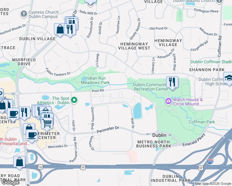 map of restaurants, bars, coffee shops, grocery stores, and more near 6772 Lloyd Lane in Dublin