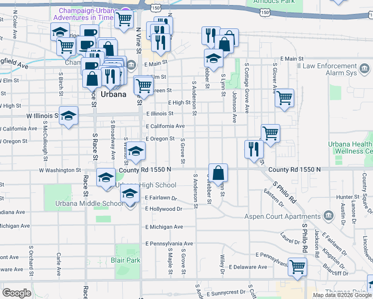 map of restaurants, bars, coffee shops, grocery stores, and more near 709 South Grove Street in Urbana