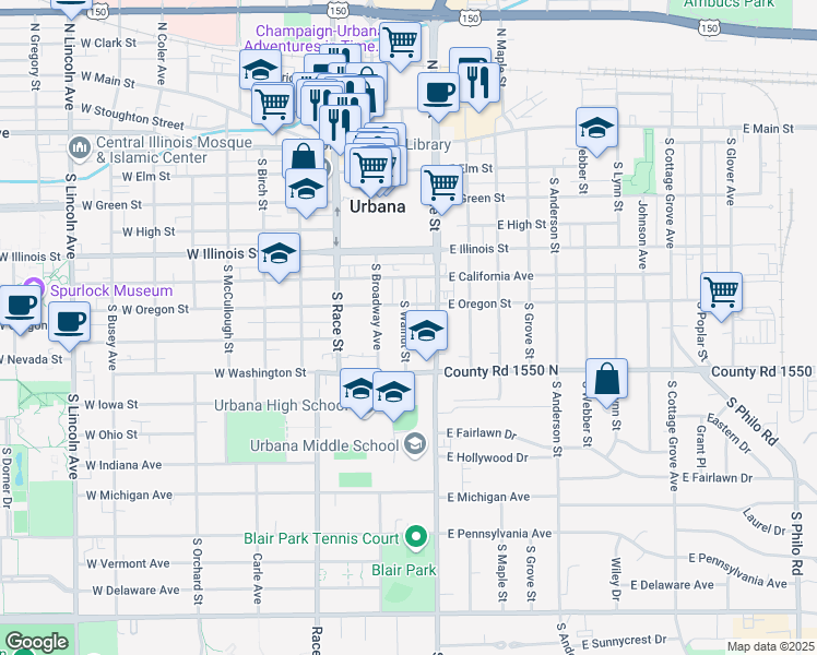 map of restaurants, bars, coffee shops, grocery stores, and more near 708 South Walnut Street in Urbana