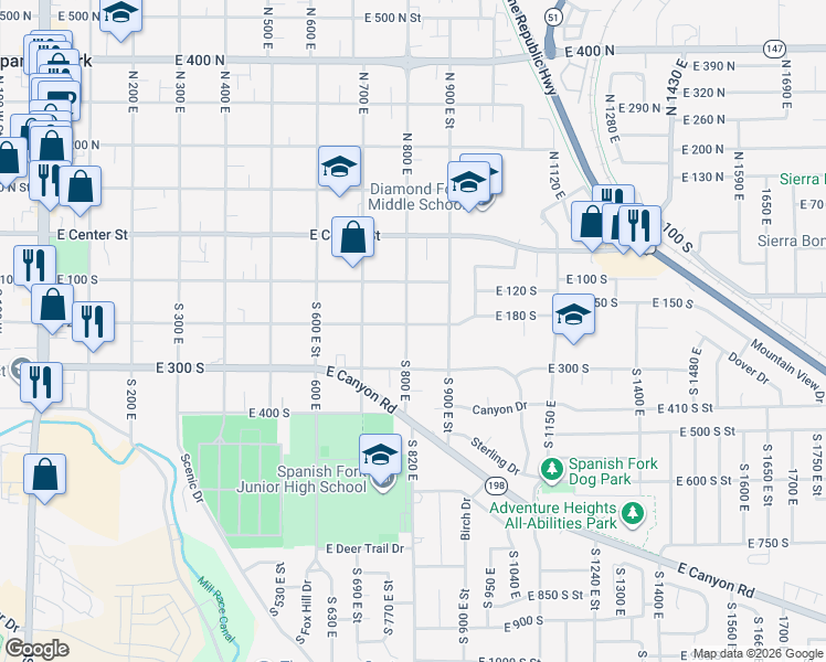 map of restaurants, bars, coffee shops, grocery stores, and more near 211 South 800 East in Spanish Fork