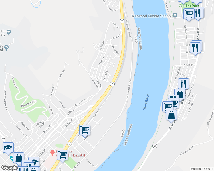map of restaurants, bars, coffee shops, grocery stores, and more near 1008 North 6th Street in Martins Ferry