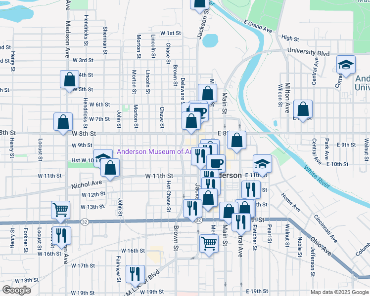 map of restaurants, bars, coffee shops, grocery stores, and more near 131 W 9th St in Anderson