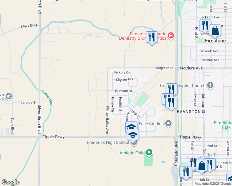 map of restaurants, bars, coffee shops, grocery stores, and more near 5725 Prairie Circle in Longmont