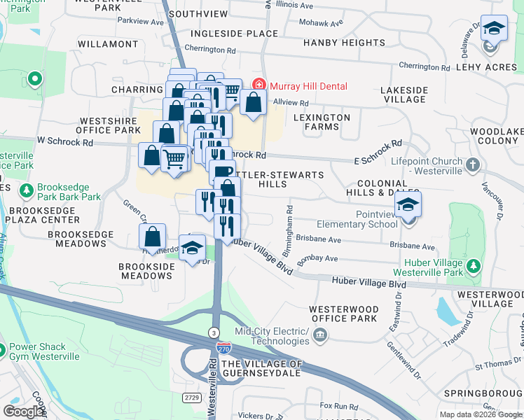 map of restaurants, bars, coffee shops, grocery stores, and more near 102 Dorchester Square in Westerville