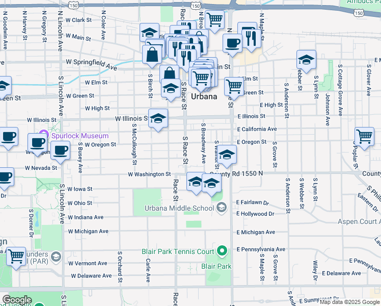 map of restaurants, bars, coffee shops, grocery stores, and more near 707 South Race Street in Urbana