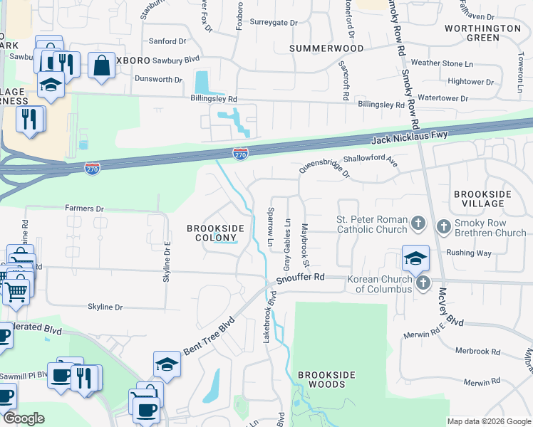 map of restaurants, bars, coffee shops, grocery stores, and more near 6915 Sparrow Lane in Columbus
