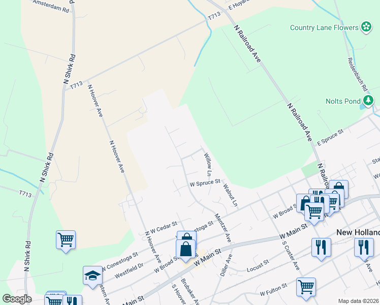 map of restaurants, bars, coffee shops, grocery stores, and more near 237 Cypress Lane in New Holland