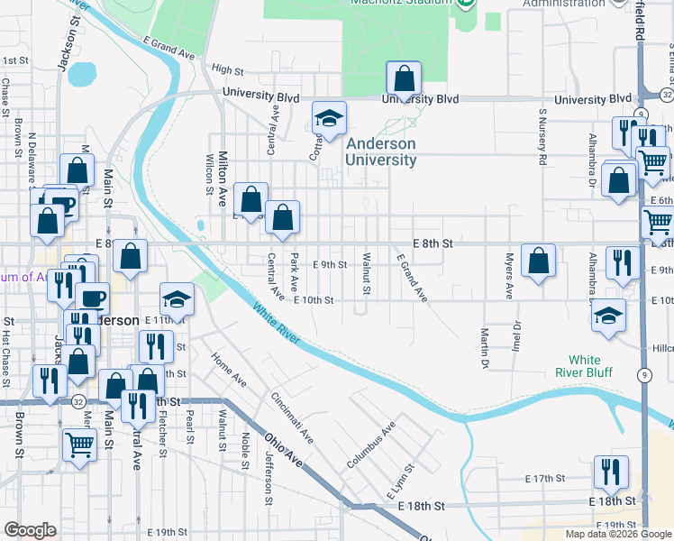 map of restaurants, bars, coffee shops, grocery stores, and more near 902 Cottage Avenue in Anderson