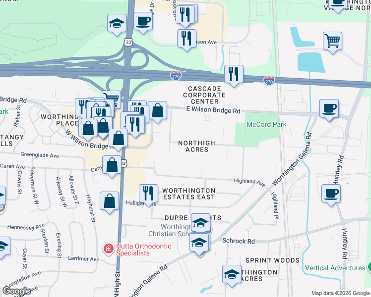map of restaurants, bars, coffee shops, grocery stores, and more near 139 Northigh Drive in Worthington