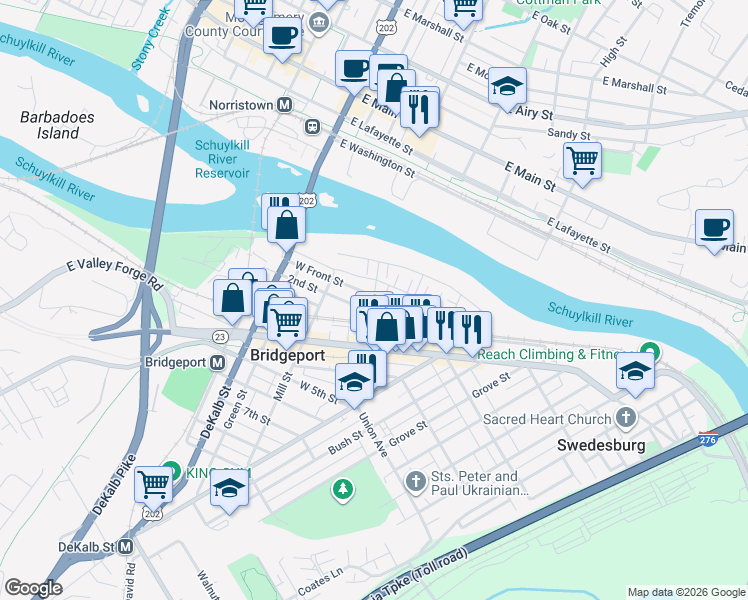 map of restaurants, bars, coffee shops, grocery stores, and more near 8 West Front Street in Bridgeport